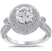 2.31 Carat E-SI2 Pave Halo Round Diamond Engagement Ring 14k Gold Vintage Style