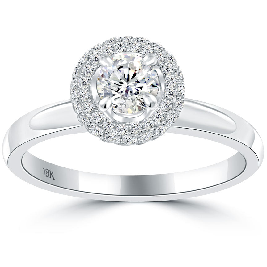 0.75 Carat D-SI2 Natural Round Diamond Engagement Ring 18k White Gold Pave Halo