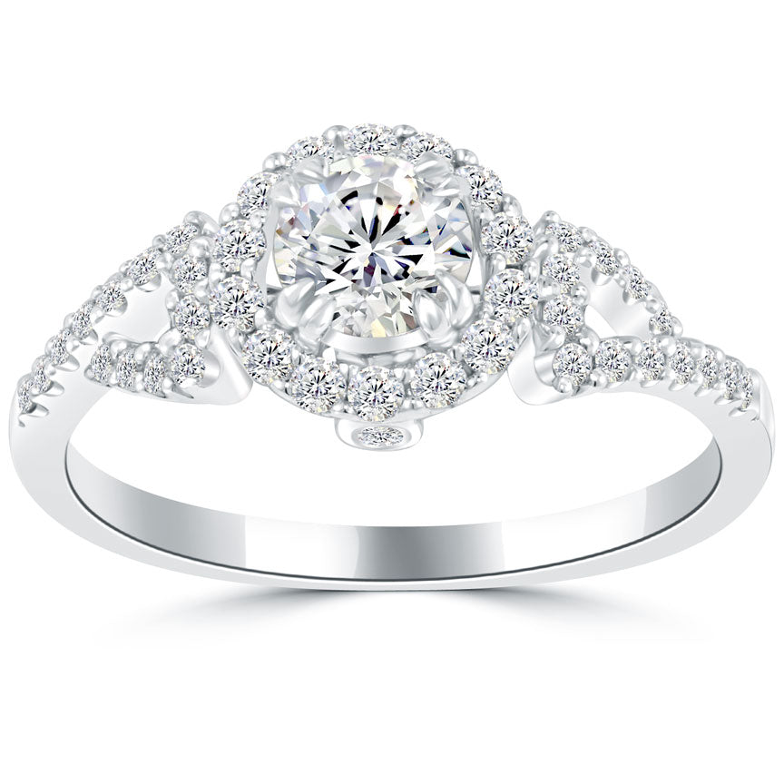 1.00 Carat D-SI1 Natural Round Diamond Engagement Ring 18k White Gold Pave Halo