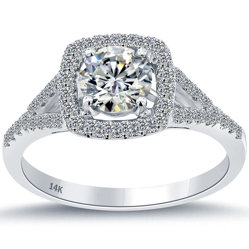 1.17 Carat E-VS2 Natural Round Diamond Engagement Ring 14k White Gold Pave Halo