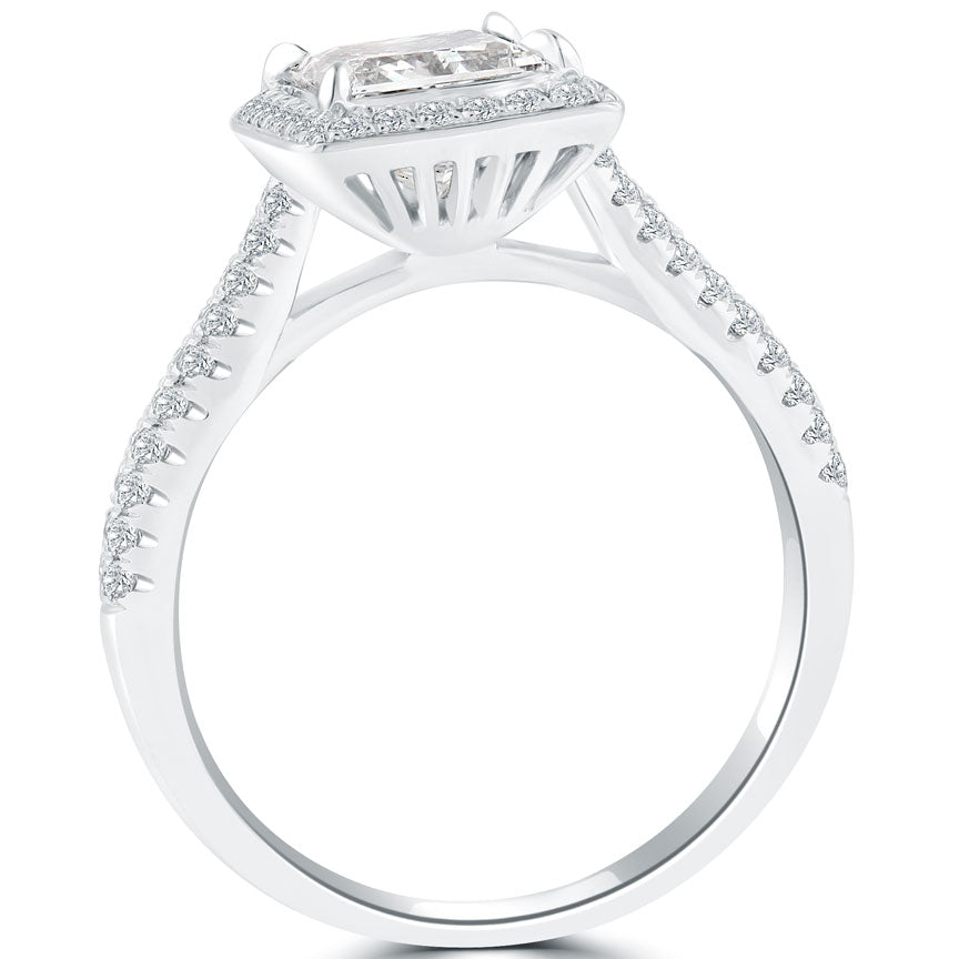 1.62 Carat H-VS2 Princess Cut Diamond Engagement Ring 18k White Gold Pave Halo