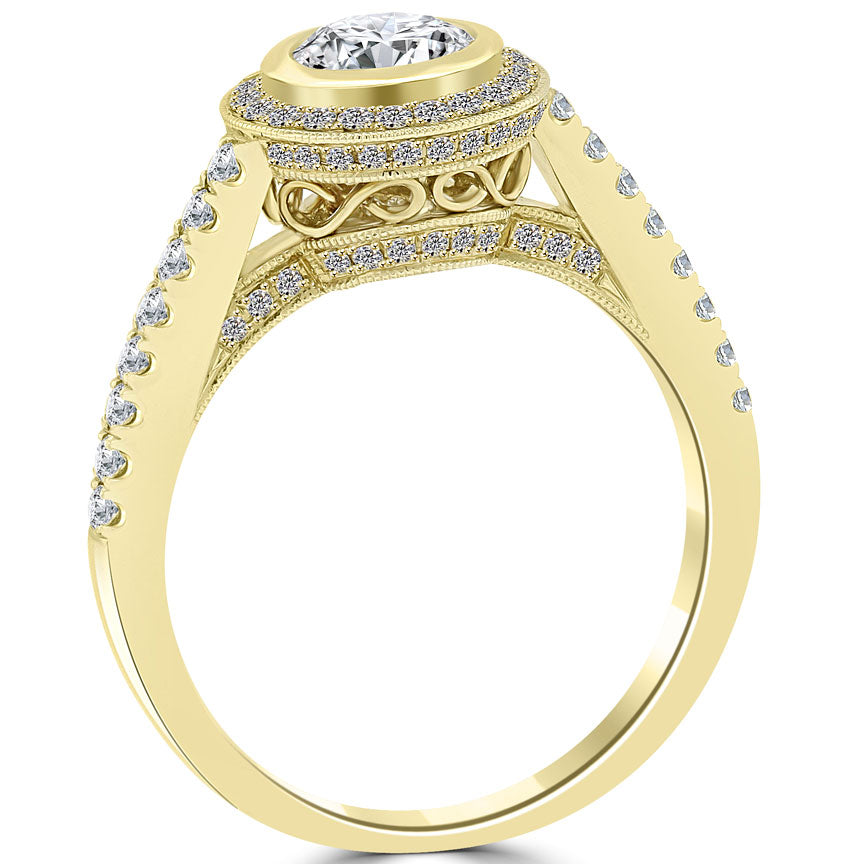 1.14 Carat G-SI1 Natural Round Diamond Engagement Ring 14k Yellow Gold Pave Halo