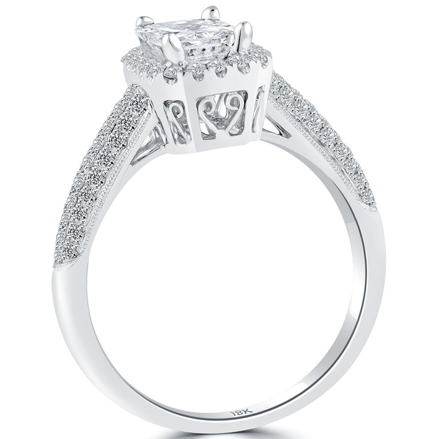 1.48 Carat F-SI1 Princess Cut Diamond Engagement Ring 18k White Gold Pave Halo