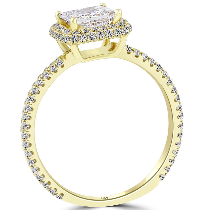 1.56 Carat J-SI1 Princess Cut Diamond Engagement Ring 14k Yellow Gold Pave Halo