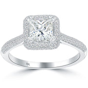 1.56 Carat D-VS2 Princess Cut Diamond Engagement Ring 18k White Gold Pave Halo