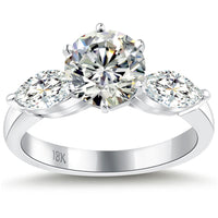 2.51 Carat H-SI1 Three Stone Round & Marquise Diamond Engagement Ring 14k Gold