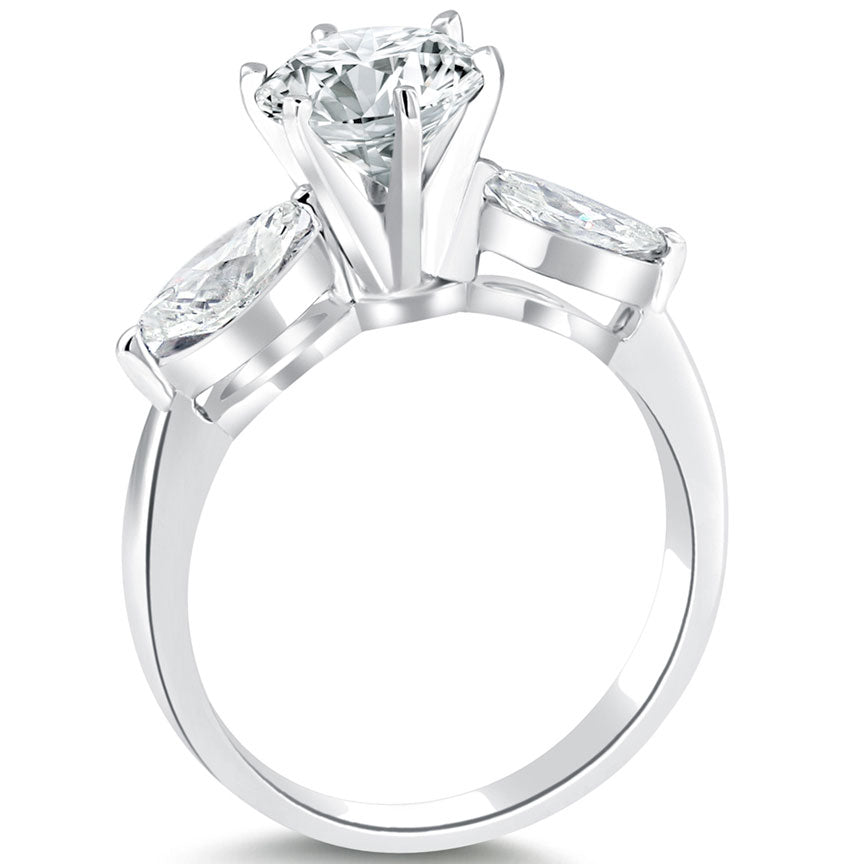 2.51 Carat H-SI1 Three Stone Round & Marquise Diamond Engagement Ring 14k Gold