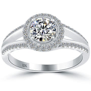 1.36 Carat G-VS2 Natural Round Diamond Engagement Ring 18k White Gold Pave Halo