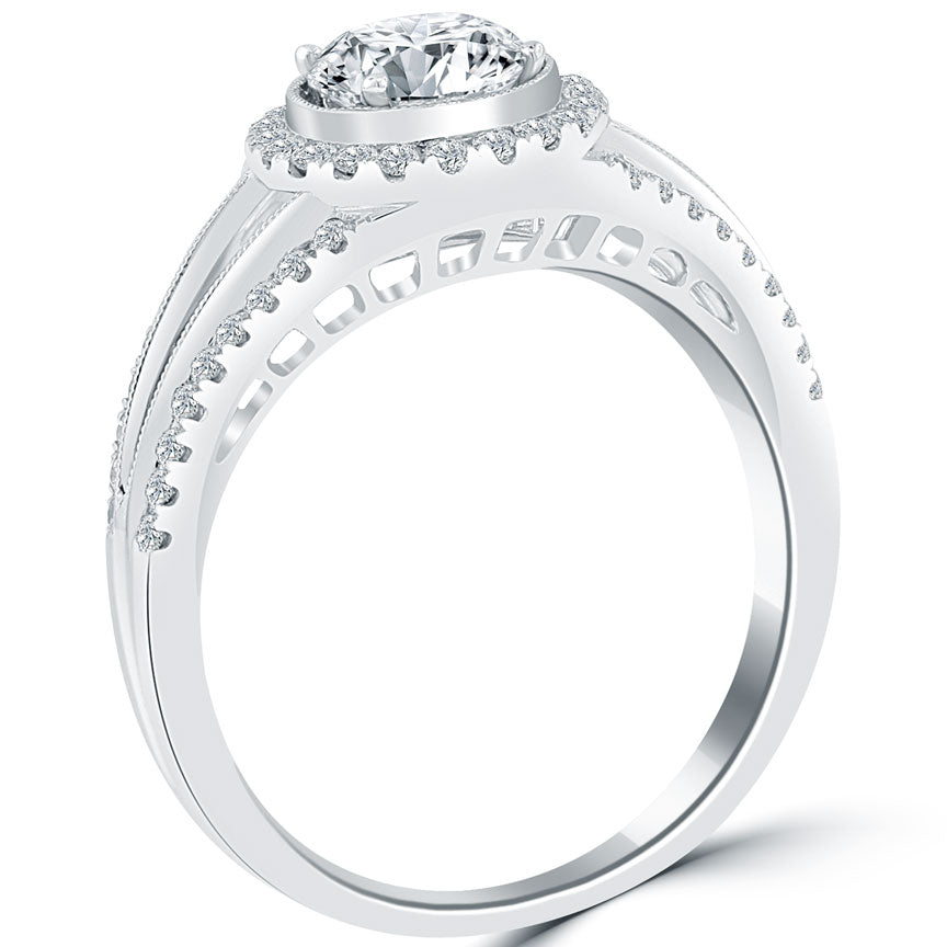 1.36 Carat G-VS2 Natural Round Diamond Engagement Ring 18k White Gold Pave Halo