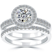 1.91 Carat E-SI1 Diamond Engagement Ring & Wedding Band Set 14k Gold Pave Halo