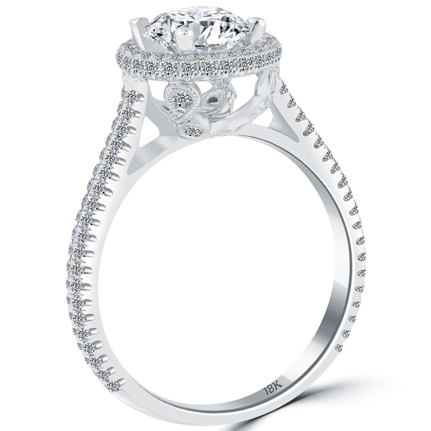 1.74 Carat F-VS2 Natural Round Diamond Engagement Ring 18k White Gold Pave Halo