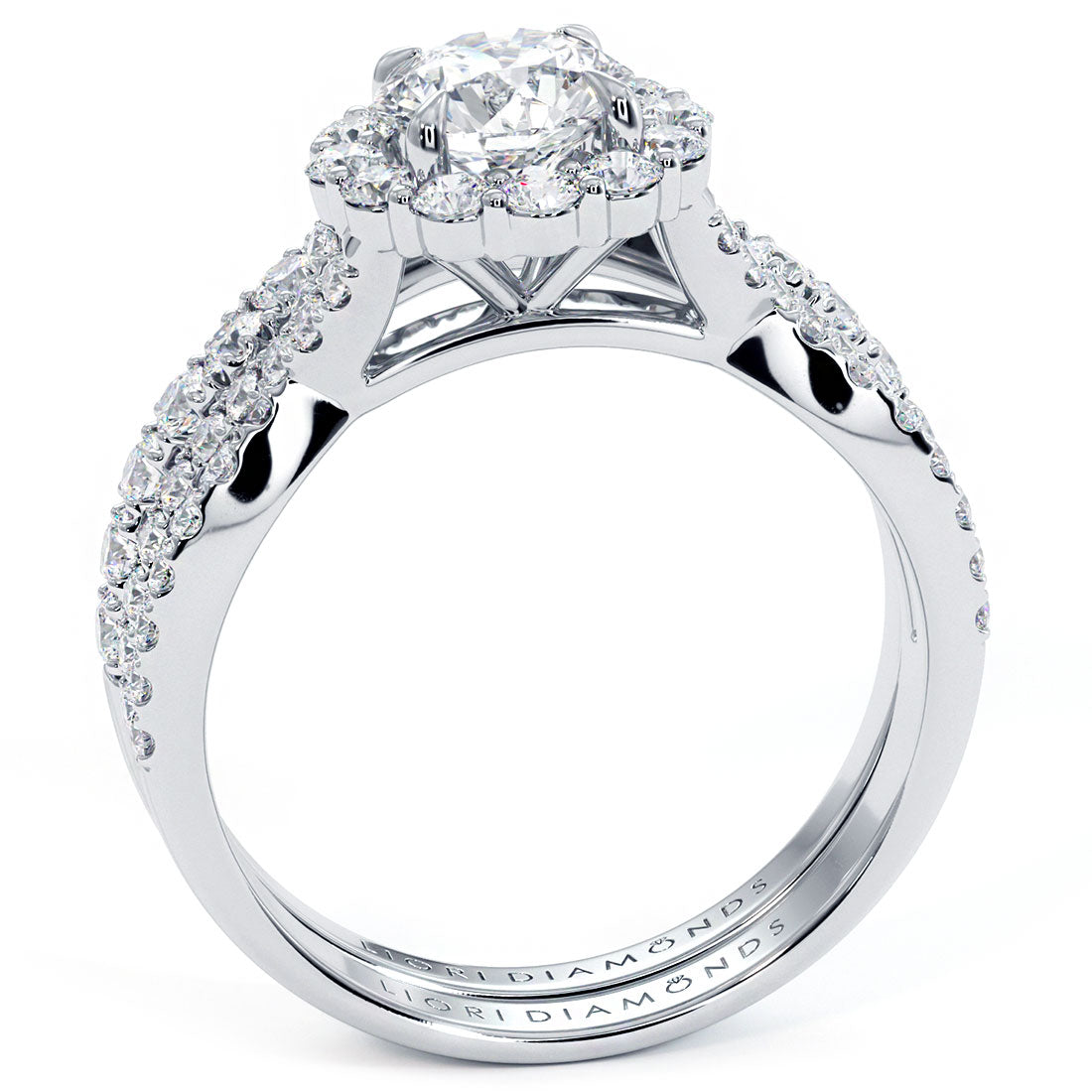 1.95 Carat G-SI1 Diamond Engagement Ring & Wedding Band Set 14k Gold Pave Halo