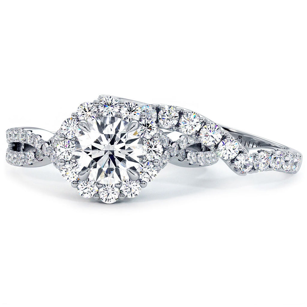 1.95 Carat G-SI1 Diamond Engagement Ring & Wedding Band Set 14k Gold Pave Halo