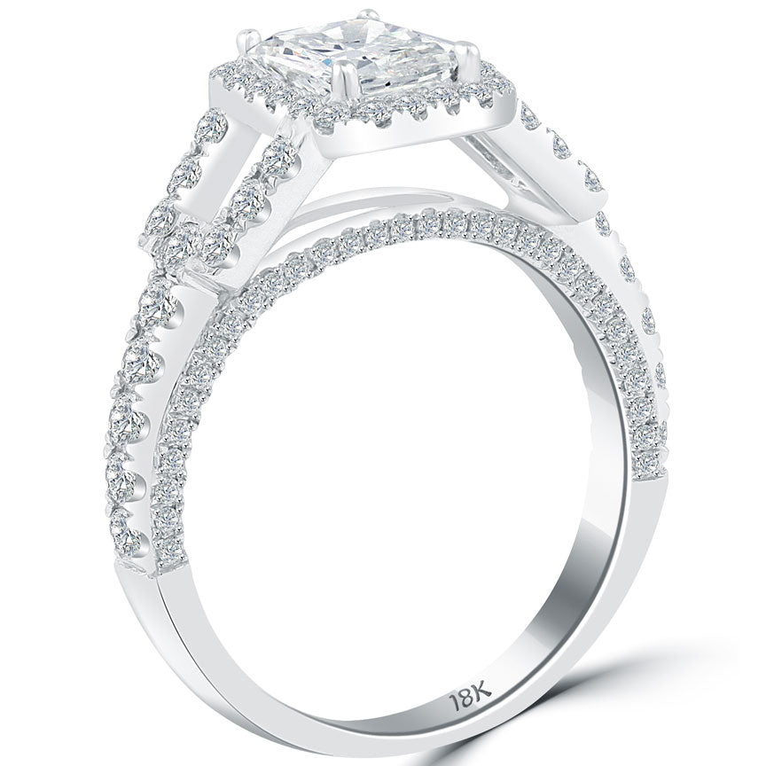 2.35 Carat G-VS2 Radiant Cut Diamond Engagement Ring 18k White Gold Pave Halo