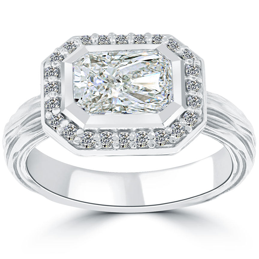 2.07 Carat H-VS2 Radiant Cut Diamond Engagement Ring 14k White Gold Pave Halo