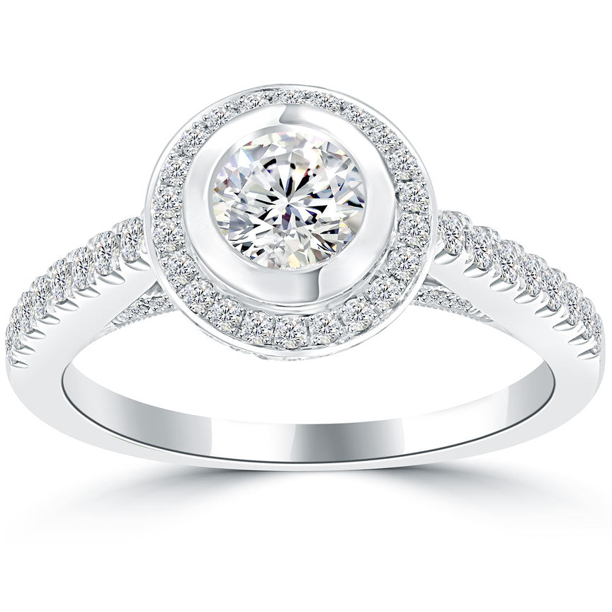 1.03 Ct. D-SI2 Natural Round Diamond Engagement Ring 14k Pave Halo Vintage Style