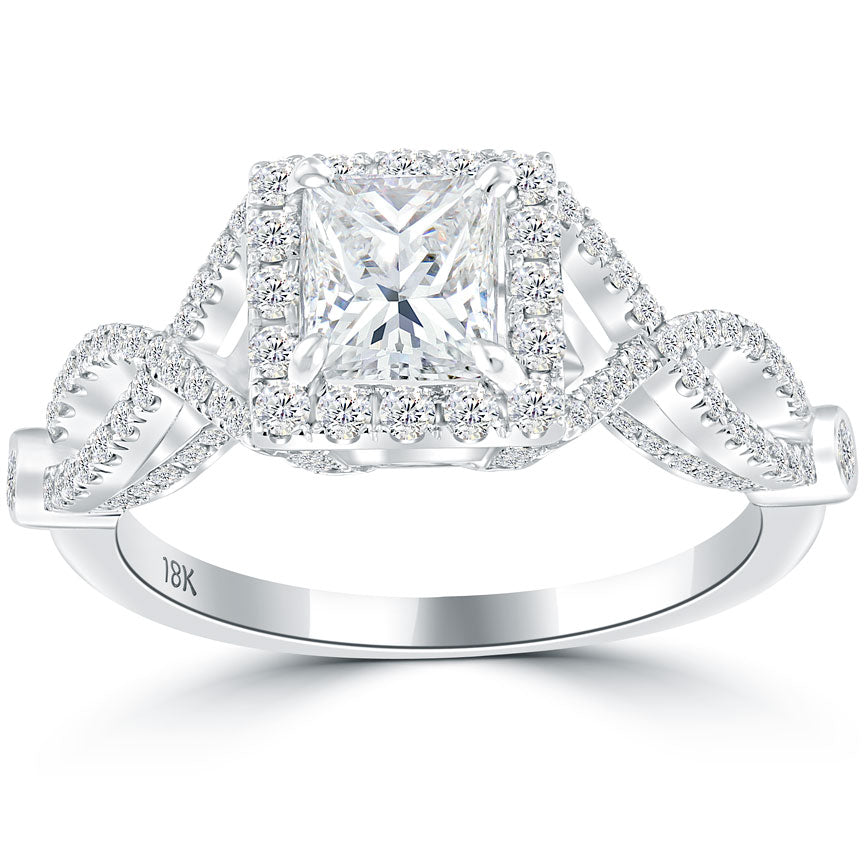 1.85 Carat E-VS1 Princess Cut Diamond Engagement Ring 18k Gold Vintage Style