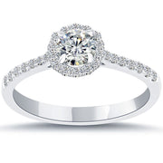 0.78 Carat H-VS2 Natural Round Diamond Engagement Ring 14k White Gold Pave Halo