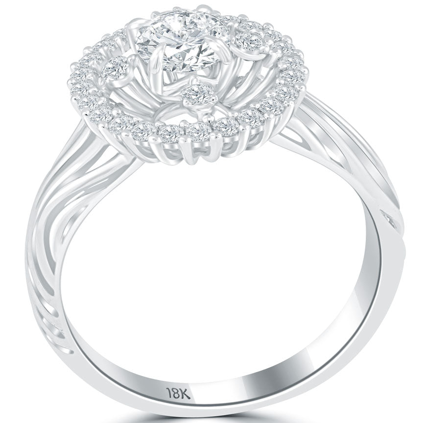 1.12 Carat F-SI1 Natural Round Diamond Engagement Ring 18k White Gold Pave Halo