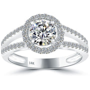 1.54 Carat F-SI2 Natural Round Diamond Engagement Ring 14k White Gold Pave Halo