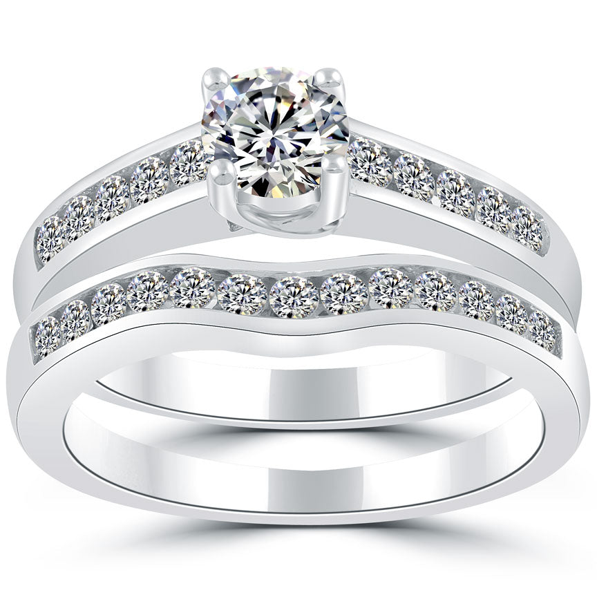 1.22 Carat F-VS1 Diamond Engagement Ring & Wedding Band Set 14k White Gold