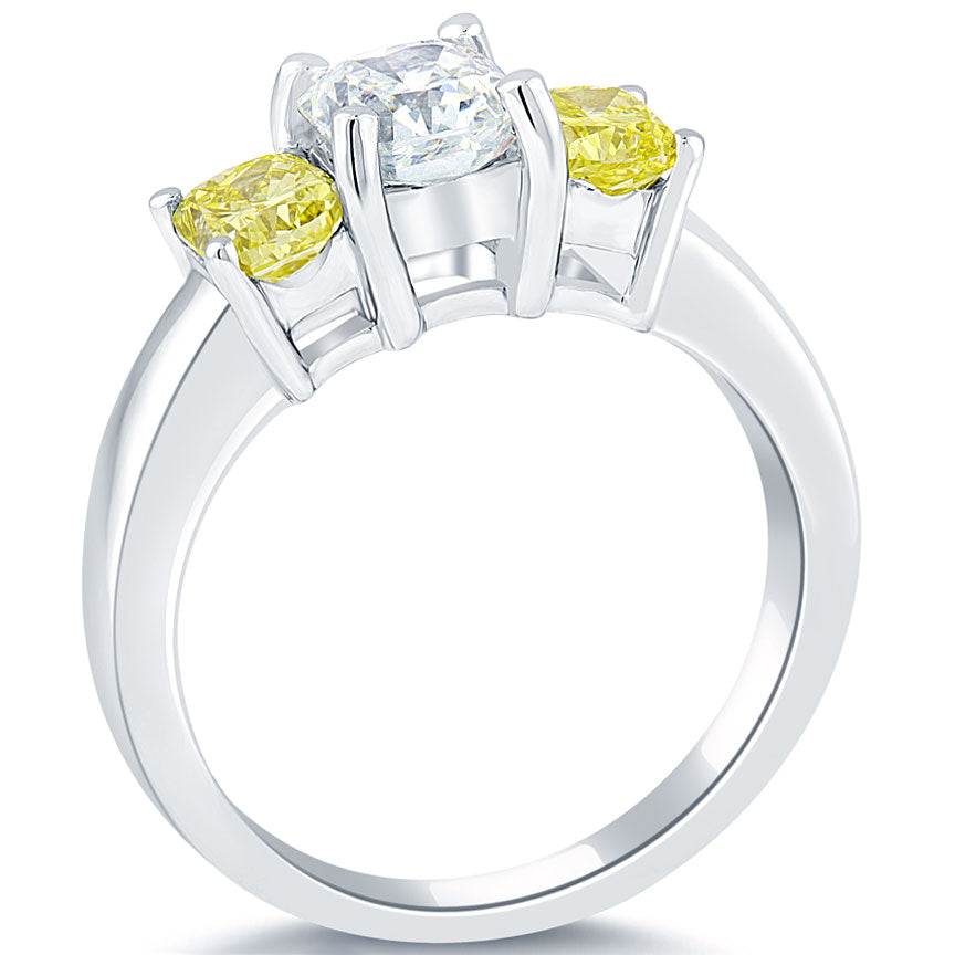 2.52 Carat Fancy Yellow & White Radiant Cut Three Stone Diamond Engagement Ring