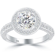 2.16 Carat G-SI1 Natural Round Diamond Engagement Ring 18k White Gold Pave Halo