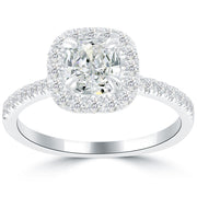 1.45 Carat G-VS2 Cushion Cut Diamond Engagement Ring 14k Pave Halo Vintage Style
