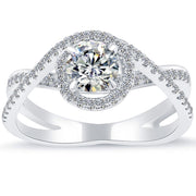 1.02 Carat E-SI1 Natural Round Diamond Engagement Ring 14k White Gold Pave Halo
