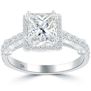 2.45 Carat F-SI3 Princess Cut Diamond Engagement Ring 18k White Gold Pave Halo