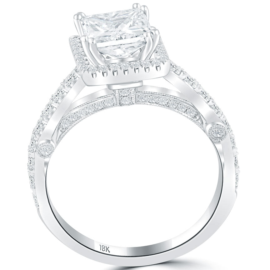 2.45 Carat F-SI3 Princess Cut Diamond Engagement Ring 18k White Gold Pave Halo