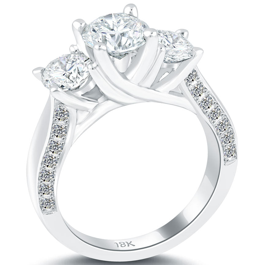 3.02 Carat F-SI1 Three Stone Natural Diamond Engagement Ring 18k White Gold