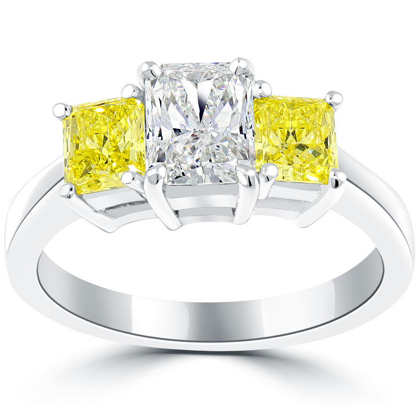 2.26 Carat Fancy Yellow & White Radiant Cut Three Stone Diamond Engagement Ring