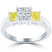 2.08 Carat Fancy Yellow & White Radiant Cut Three Stone Diamond Engagement Ring