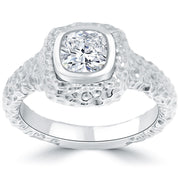1.18 Carat E-SI2 Cushion Cut Diamond Hand Hammered Engagement Ring 14k Gold