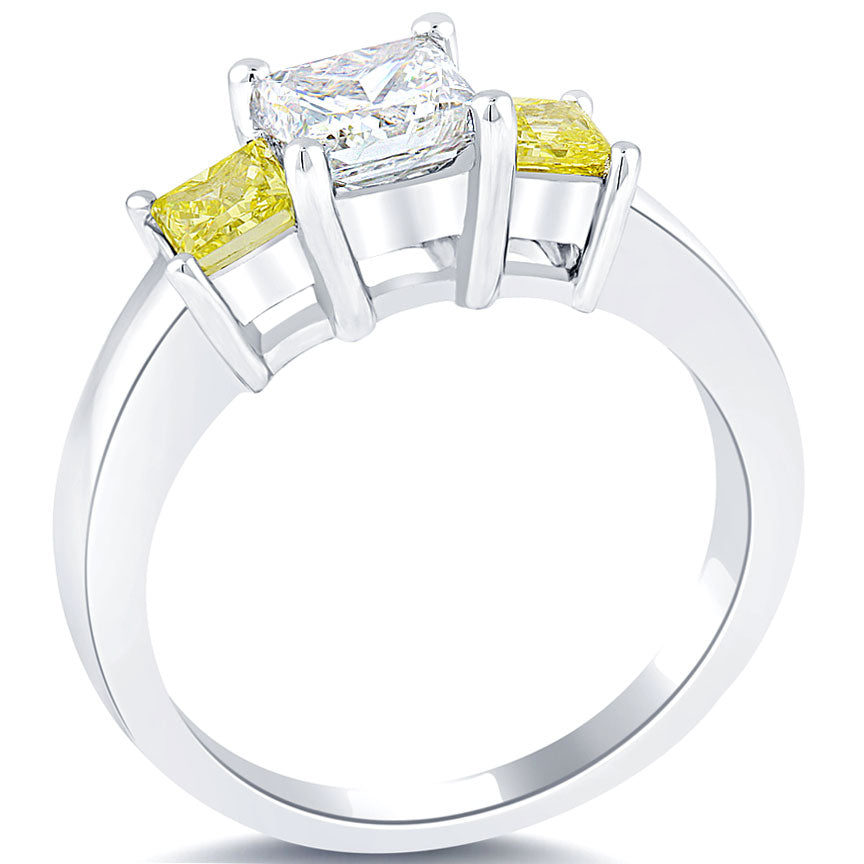 1.70 Carat Fancy Yellow & White Princess Cut Three Stone Diamond Engagement Ring