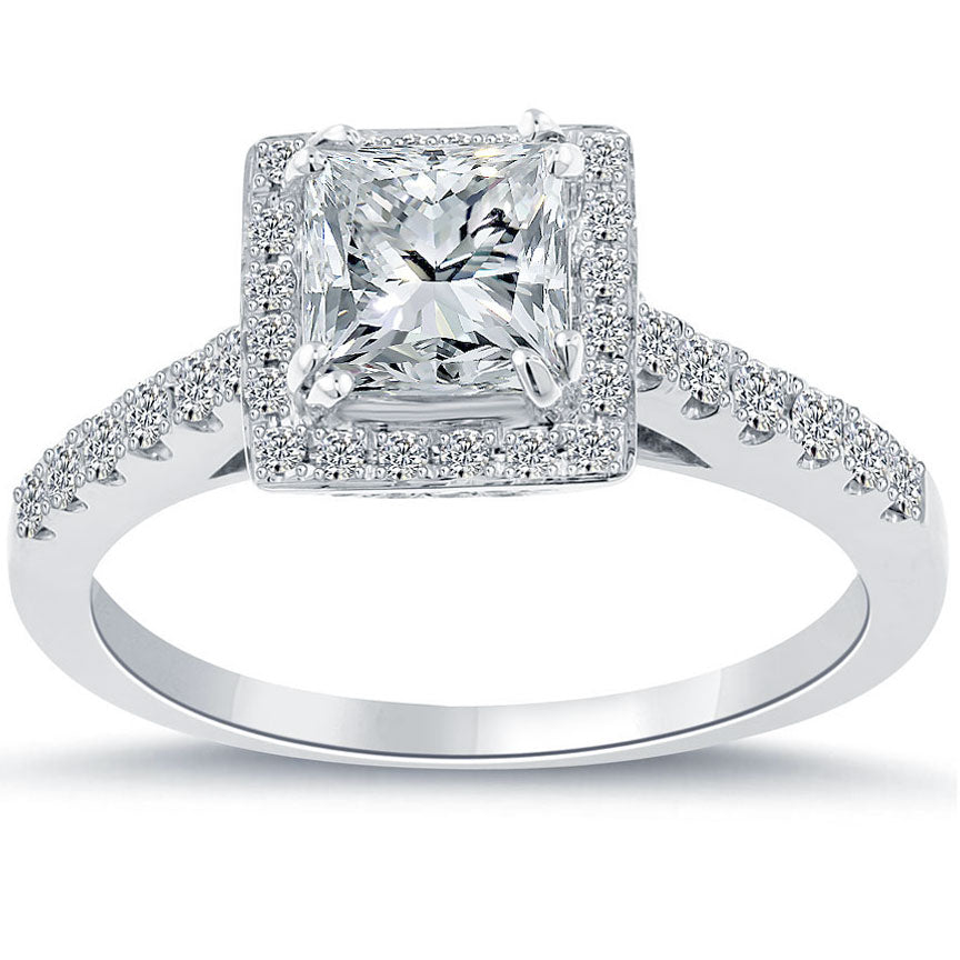 1.89 Carat D-SI1 Certified Princess Cut Diamond Engagement Ring 18k Pave Halo
