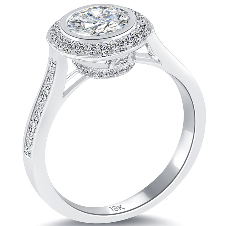 1.75 Carat H-VS2 Natural Round Diamond Engagement Ring 18k White Gold Pave Halo