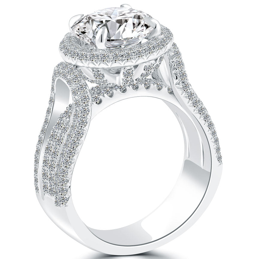 5.02 Carat G-VS2 Natural Round Diamond Engagement Ring 18k White Gold Pave Halo