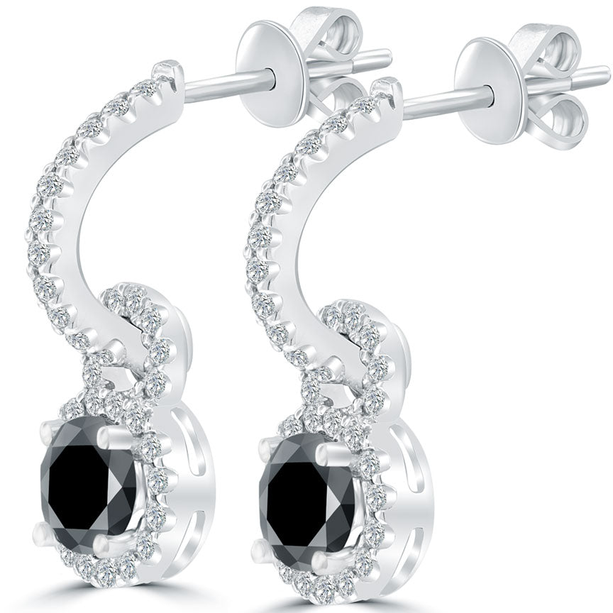 2.10 Carat Pave Halo Round Black Diamond Studs Drop Earrings 14k White Gold