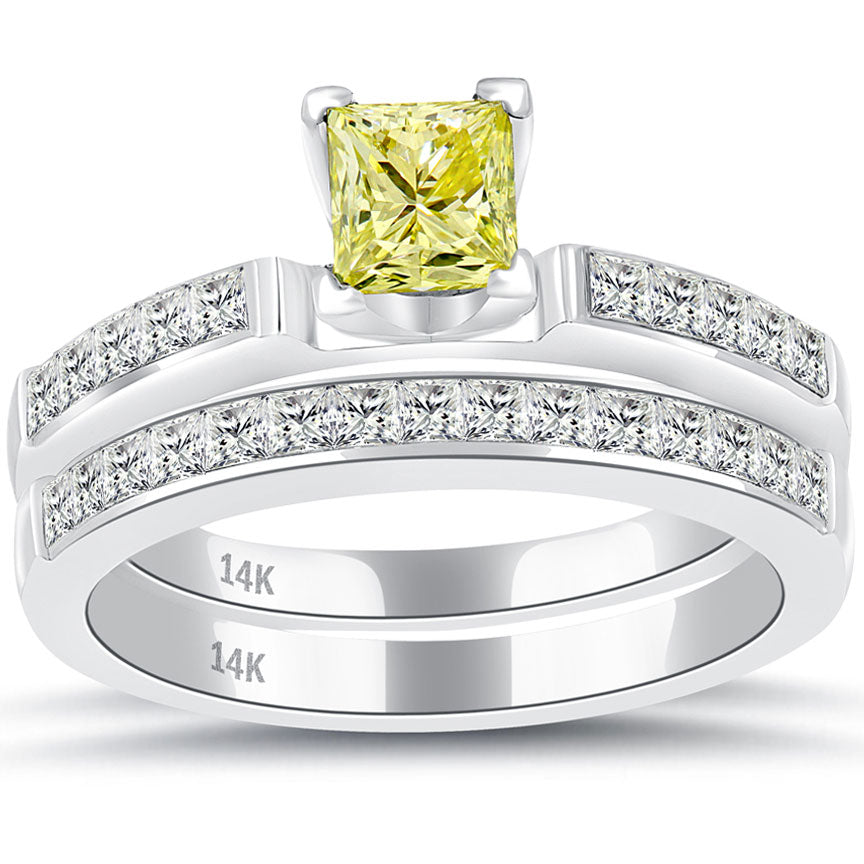 1.85 Carat Fancy Yellow Princess Cut Diamond Engagement Ring & Wedding Band Set