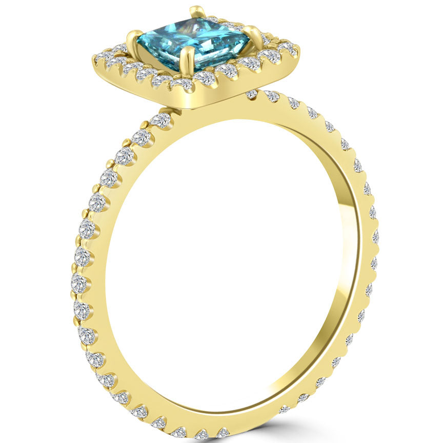 1.35 Carat Fancy Blue Princess Cut Diamond Engagement Ring 14k Yellow Gold