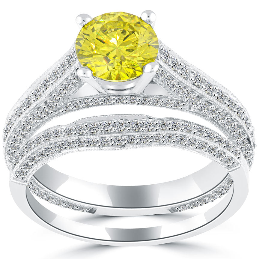 2.05 Carat Fancy Yellow Round Cut Diamond Engagement Ring & Wedding Band Set 18k