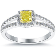 0.75 Carat Fancy Yellow Radiant Cut Diamond Engagement Ring 14k Gold Pave Halo
