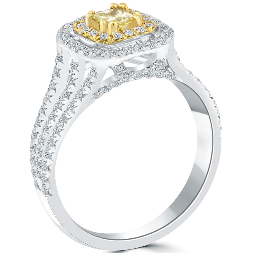 1.24 Carat Fancy Yellow Princess Cut Diamond Engagement Ring 18k Gold Pave Halo