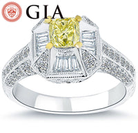 1.86 Carat GIA Certified Fancy Yellow Cushion Cut Diamond Engagement Ring 18k