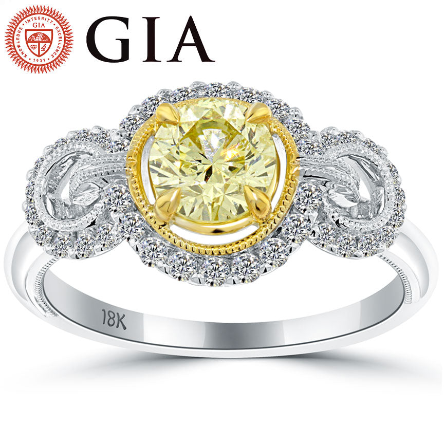 1.09 Carat GIA Certified Fancy Yellow Round Diamond Engagement Ring 18k Gold