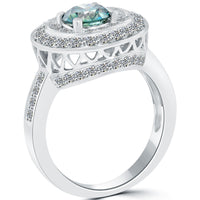 2.14 Carat Fancy Blue Diamond Engagement Ring 18k White Gold Pave Halo
