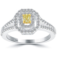 0.77 Carat Fancy Yellow Oval Cut Diamond Engagement Ring 14k Gold Pave Halo