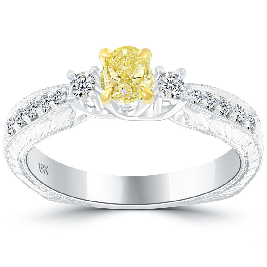 0.60 Carat Natural Fancy Yellow Oval Cut Diamond Engagement Ring 18k White Gold